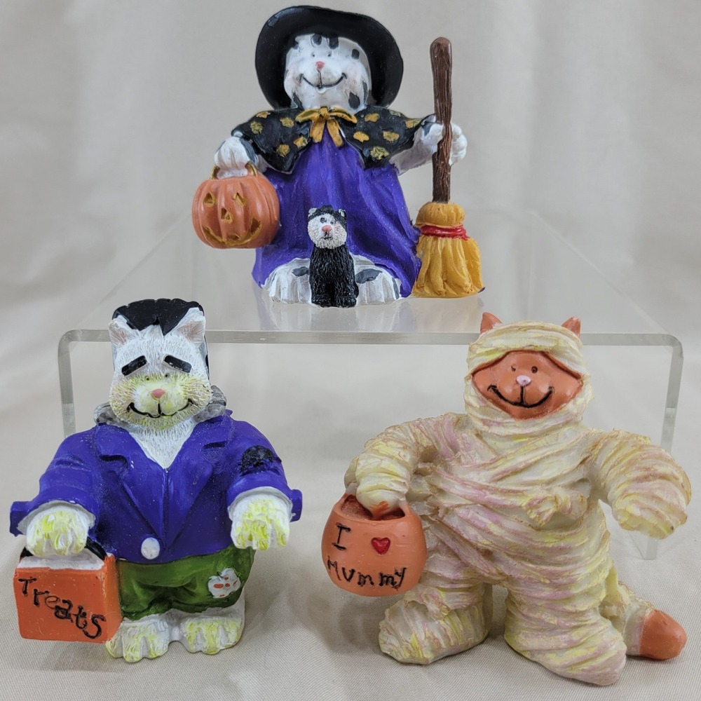 3 Seasonal Halloween Cat Figurine Costume Witch Frankenstein Mummy Resin Vtg